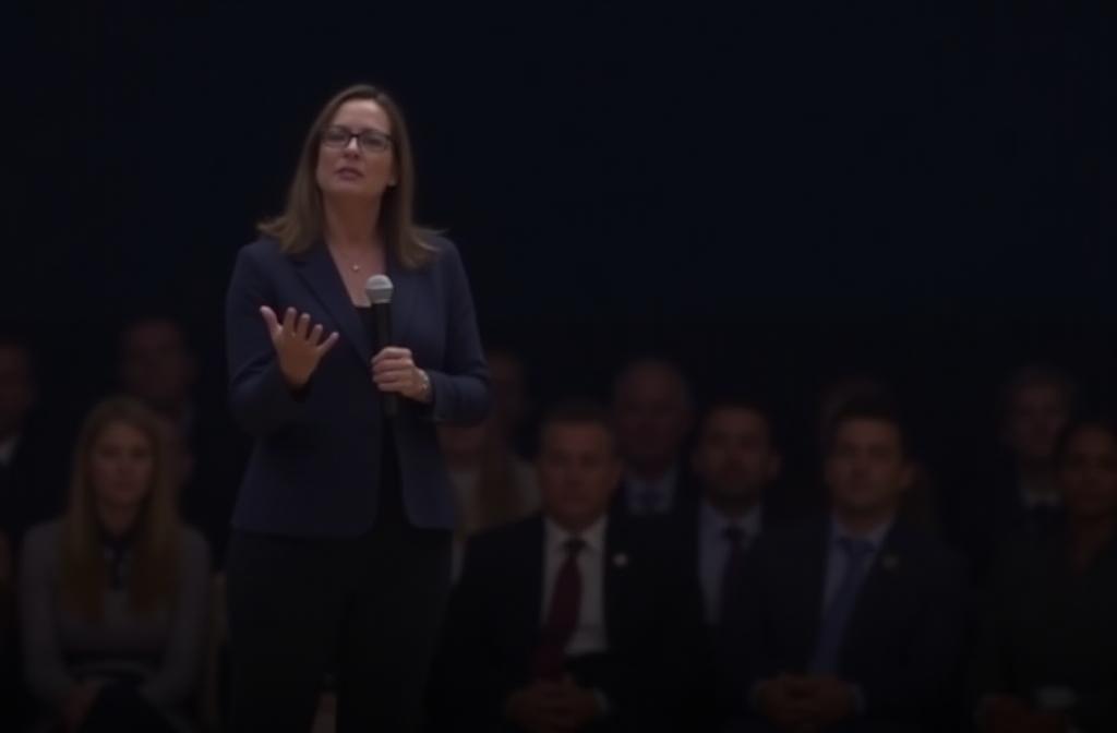 Person speaking confidently in front of an audience